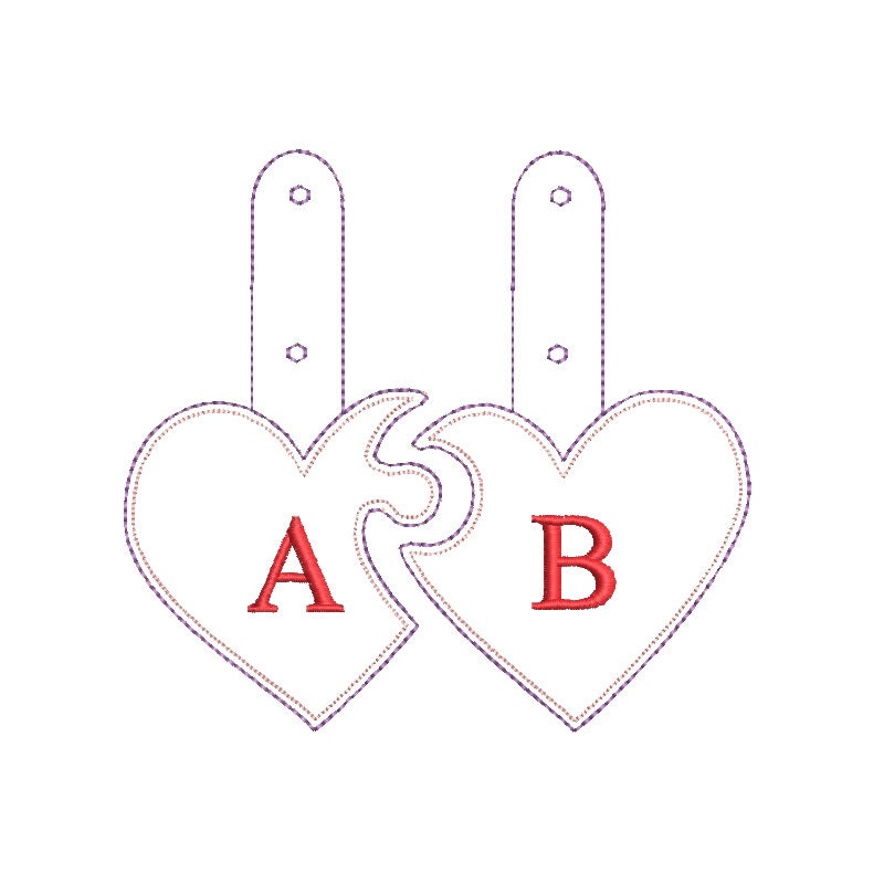 Couple Puzzle Heart Puffy puff 3d foam Split Heart Key fob snap tab monogram in the hoop ITH bag tag keychain machine embroidery designs