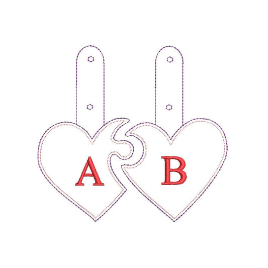Couple Puzzle Heart Puffy puff 3d foam Split Heart Key fob snap tab monogram in the hoop ITH bag tag keychain machine embroidery designs