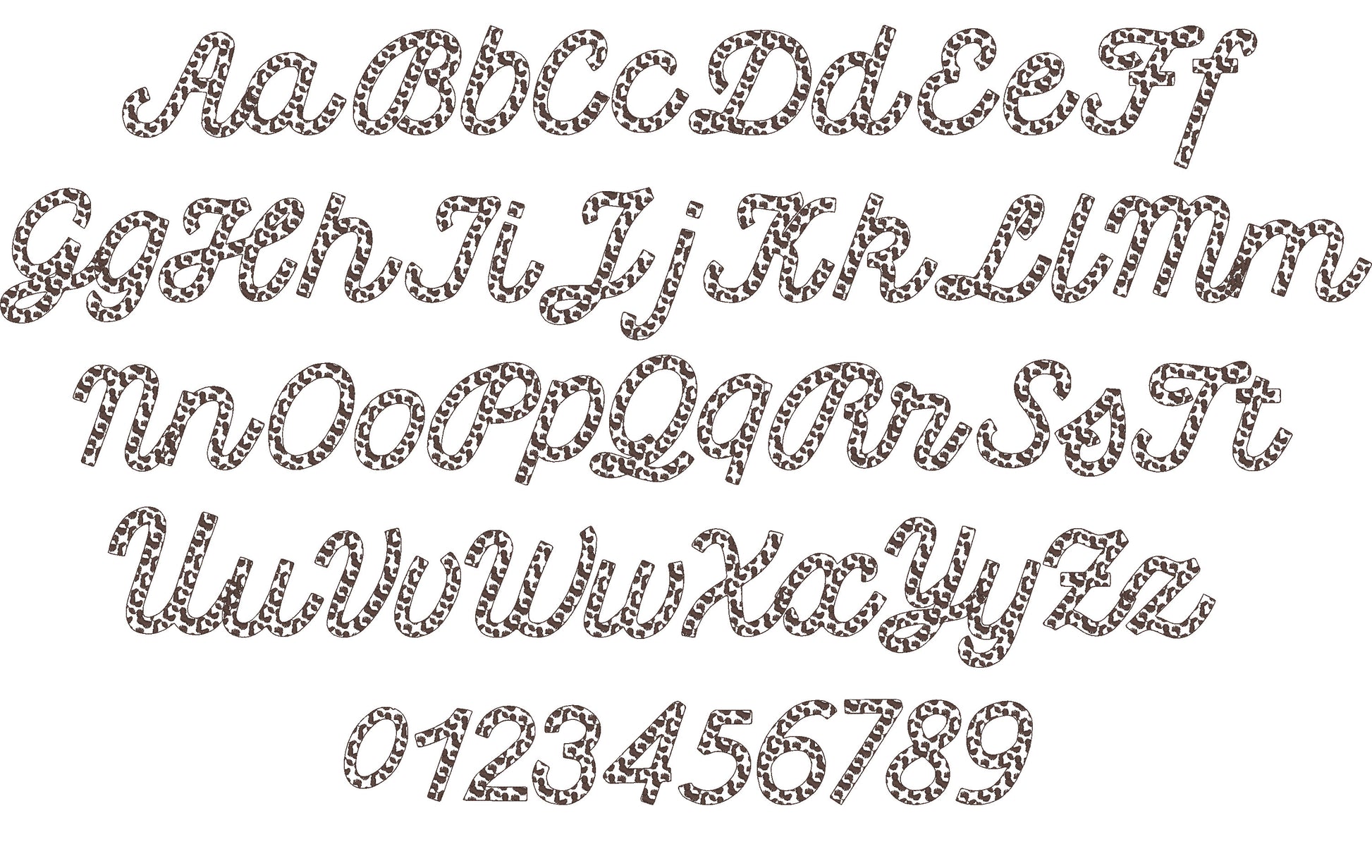 Leopard spots Font alphabet cursive letters and numbers wild animal print monogram machine embroidery designs