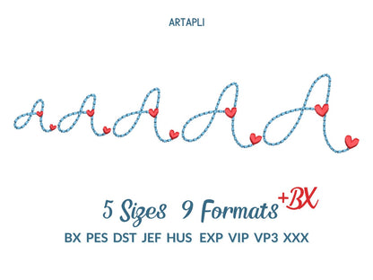 Heart Font puff bean stitch line Font machine embroidery designs assorted mini sizes handwritten script Valentine Font alphabet