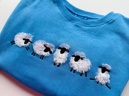 Fuzzy Sheep Lamb SET of 5 Types and 5 Sheep in Row Fringed Machine Embroidery Design