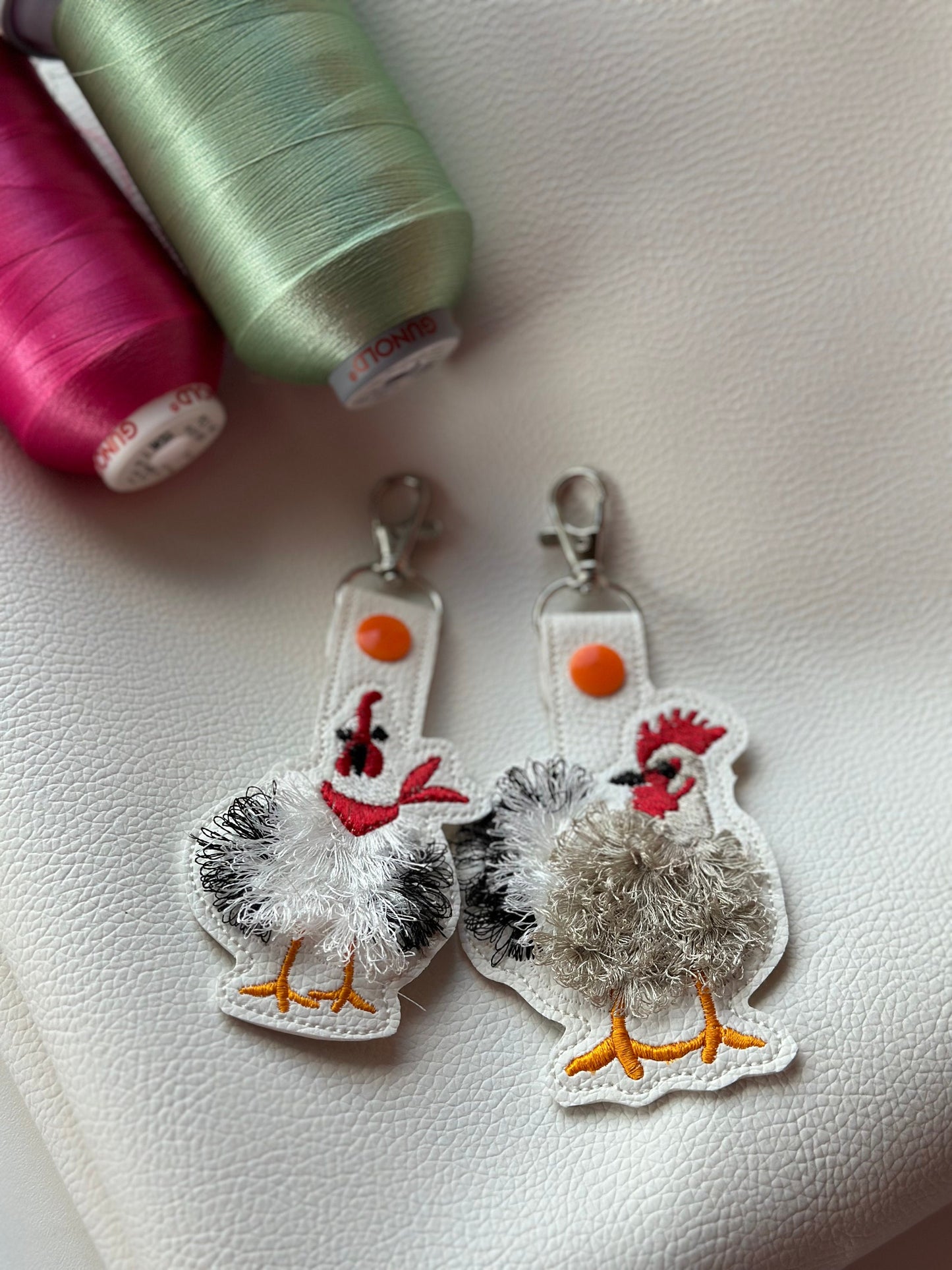 Fringed Chicken key fob snap tab SET of 2 Chicken keychain in the hoop machine embroidery design