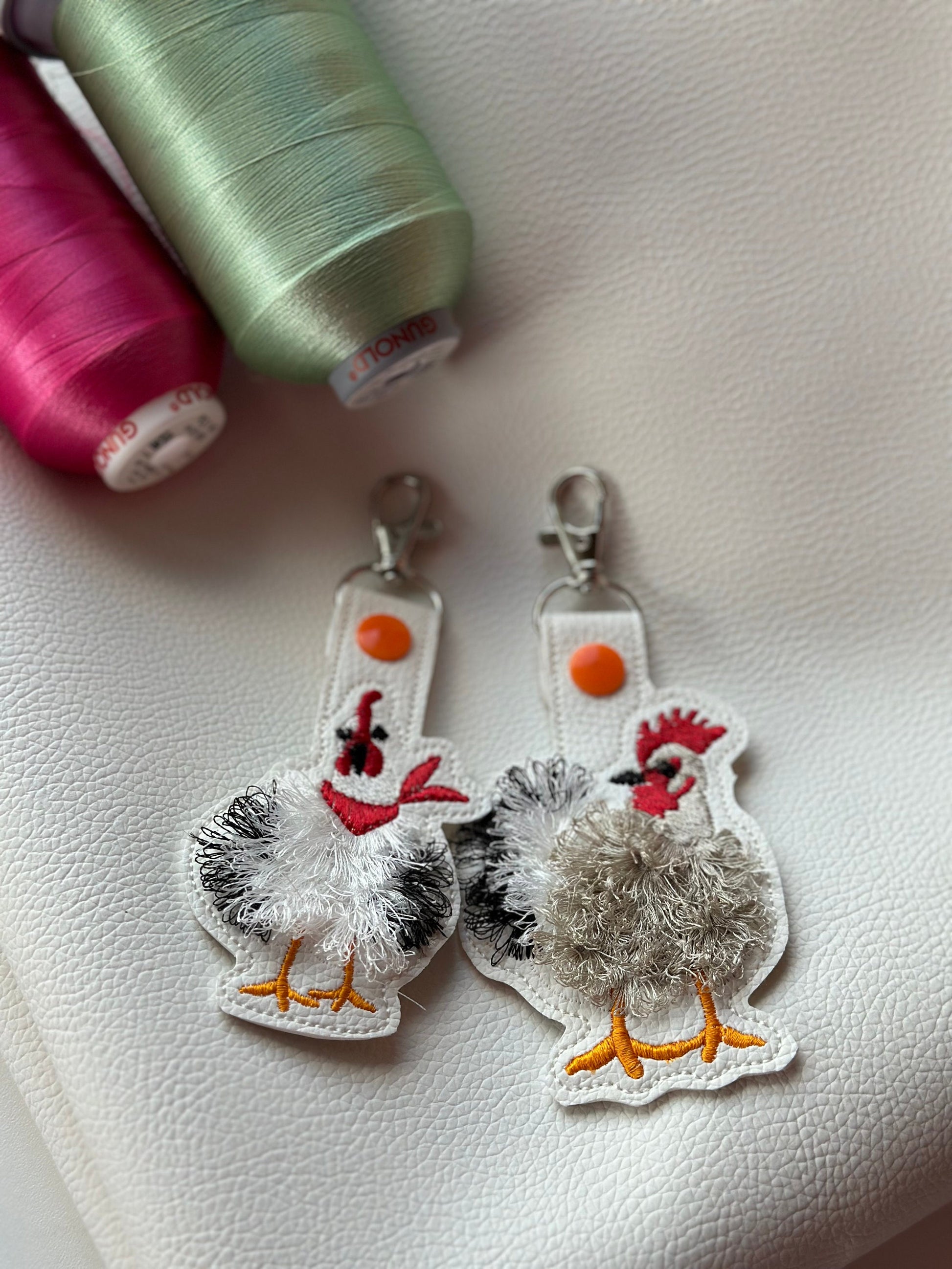 Fringed Chicken key fob snap tab SET of 2 Chicken keychain in the hoop machine embroidery design