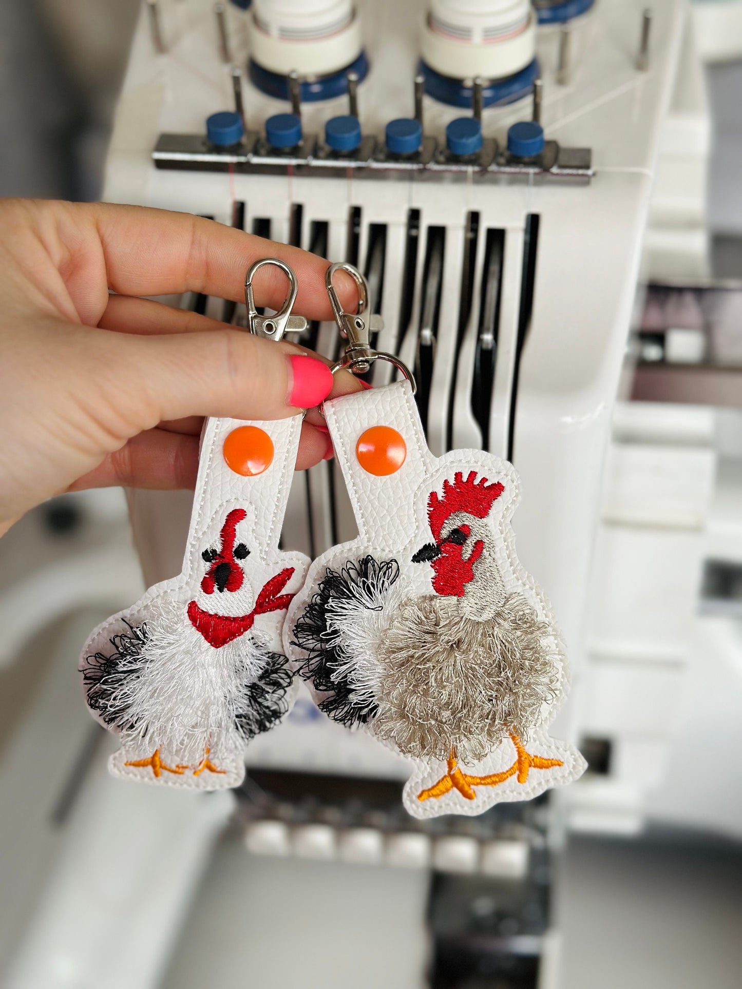 Fringed Chicken key fob snap tab SET of 2 Chicken keychain in the hoop machine embroidery design