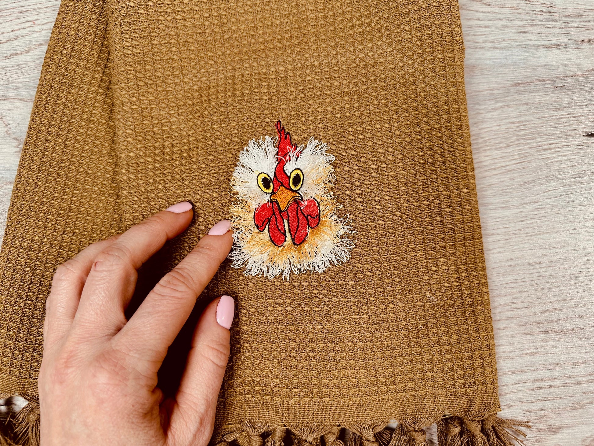 Chicken Fringed Fluffy Chenille Farm Bird Chicken Head Face Machine Embroidery Designs Awesome Fringe Fur Chicken Kitchen Towel Design