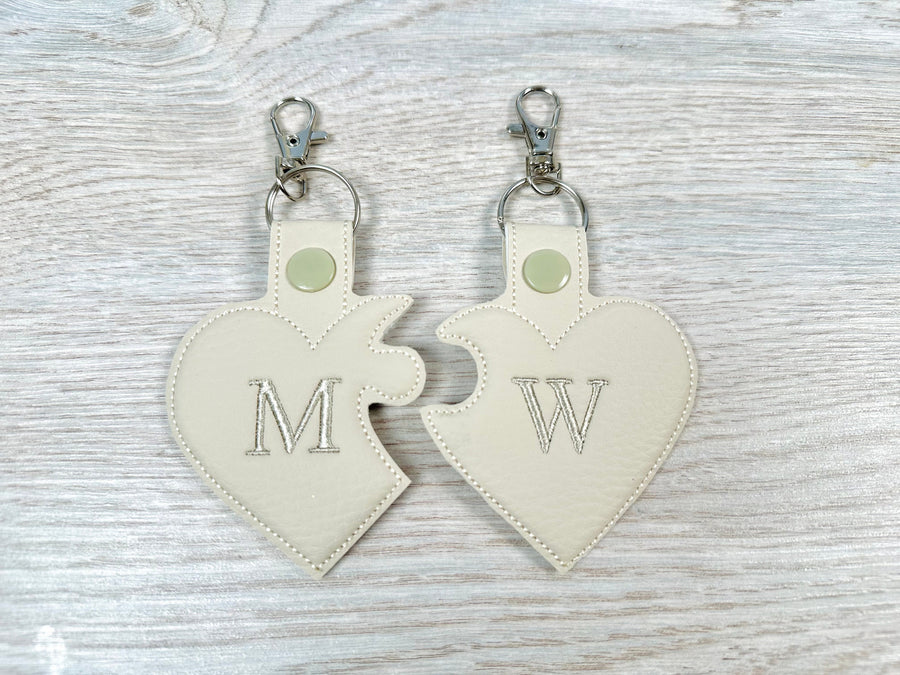 Couple Puzzle Heart Puffy puff 3d foam Split Heart Key fob snap tab monogram in the hoop ITH bag tag keychain machine embroidery designs