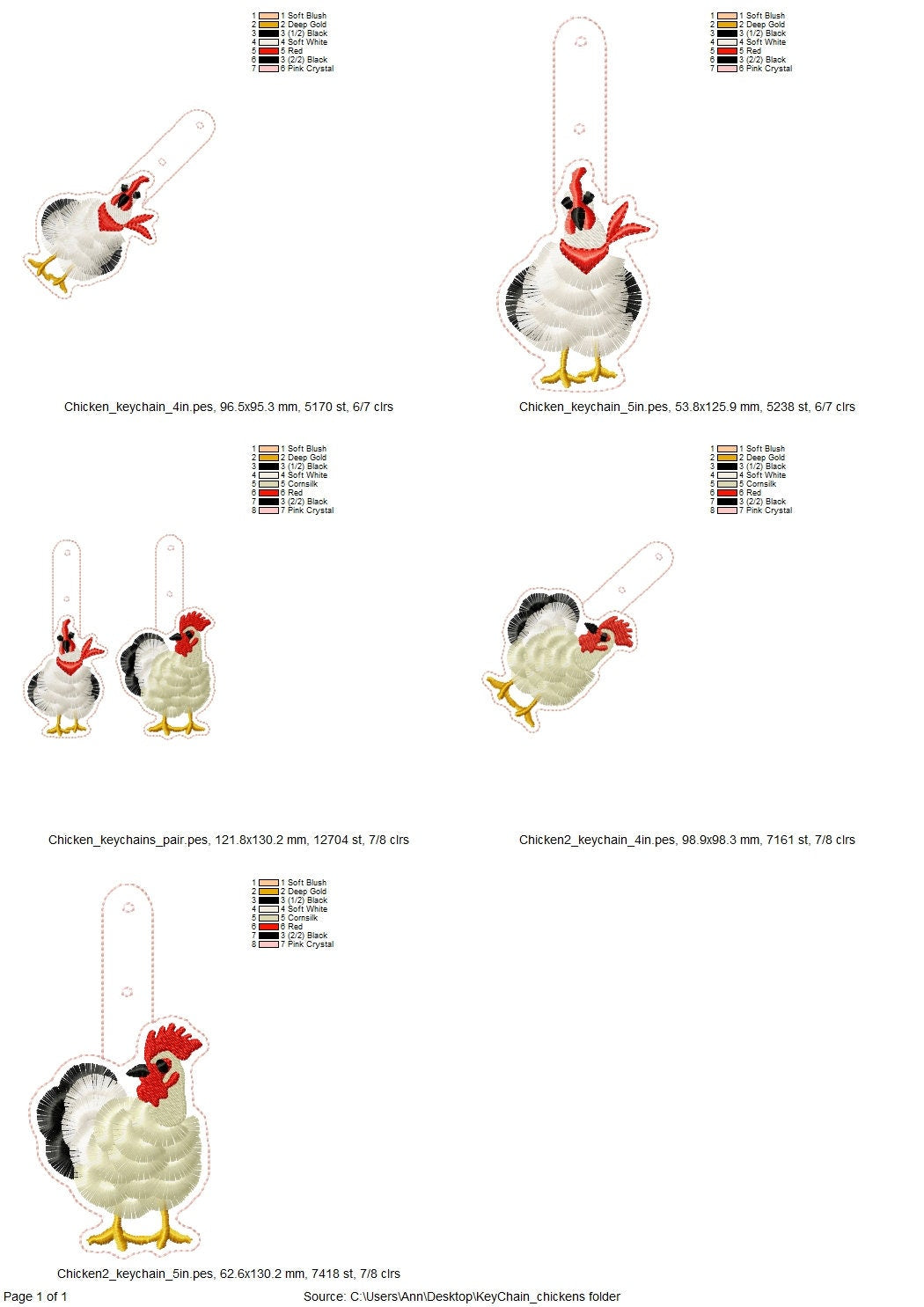 Fringed Chicken key fob snap tab SET of 2 Chicken keychain in the hoop machine embroidery design