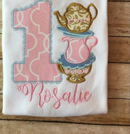 Mad Hatter tea party SET of 5 types teapot and cup stacked cups Applique machine embroidery designs