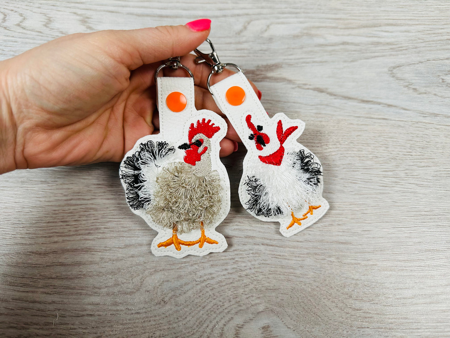 Fringed Chicken key fob snap tab SET of 2 Chicken keychain in the hoop machine embroidery design