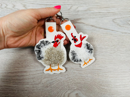 Fringed Chicken key fob snap tab SET of 2 Chicken keychain in the hoop machine embroidery design