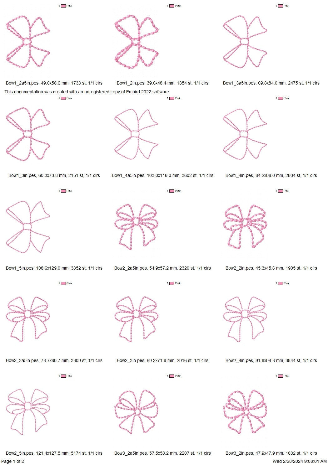 Hand stitch effect Bow SET of 4 types monogram add-on baby gown Christ pearl stitch machine embroidery designs multiple sizes from 2 to 5in