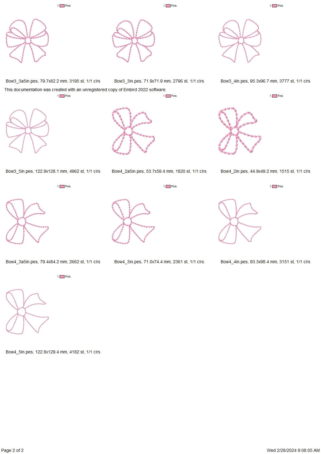 Hand stitch effect Bow SET of 4 types monogram add-on baby gown Christ pearl stitch machine embroidery designs multiple sizes from 2 to 5in