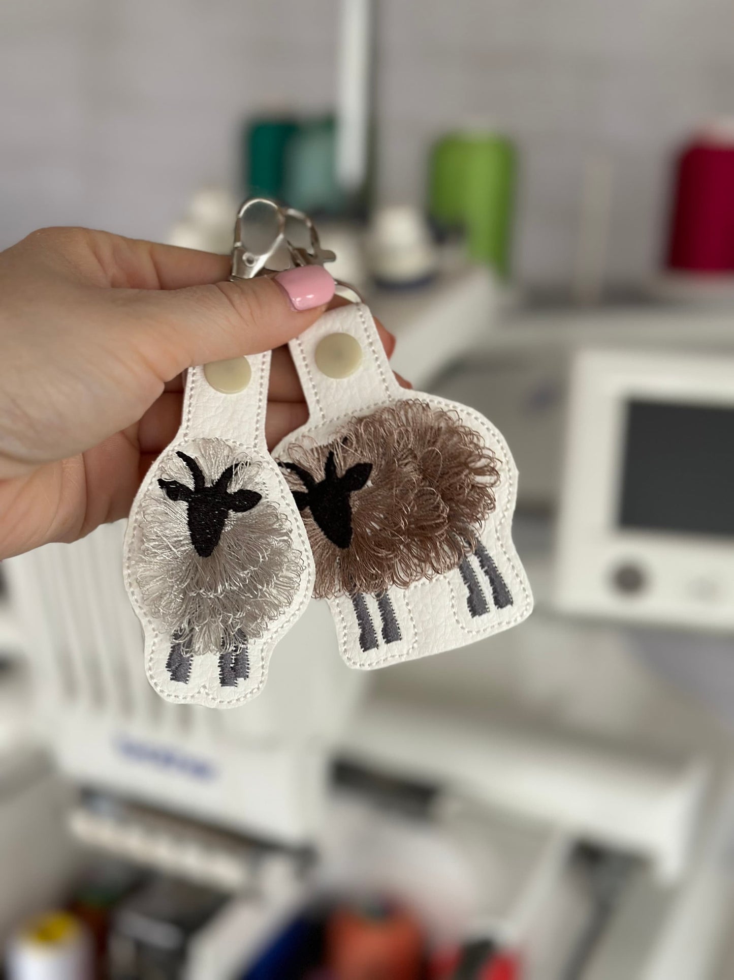 Fringed Goat key fob snap tab SET of 2 Fluffy Goat keychain in the hoop machine embroidery designs ITH project Farm animal fluffy fuzzy