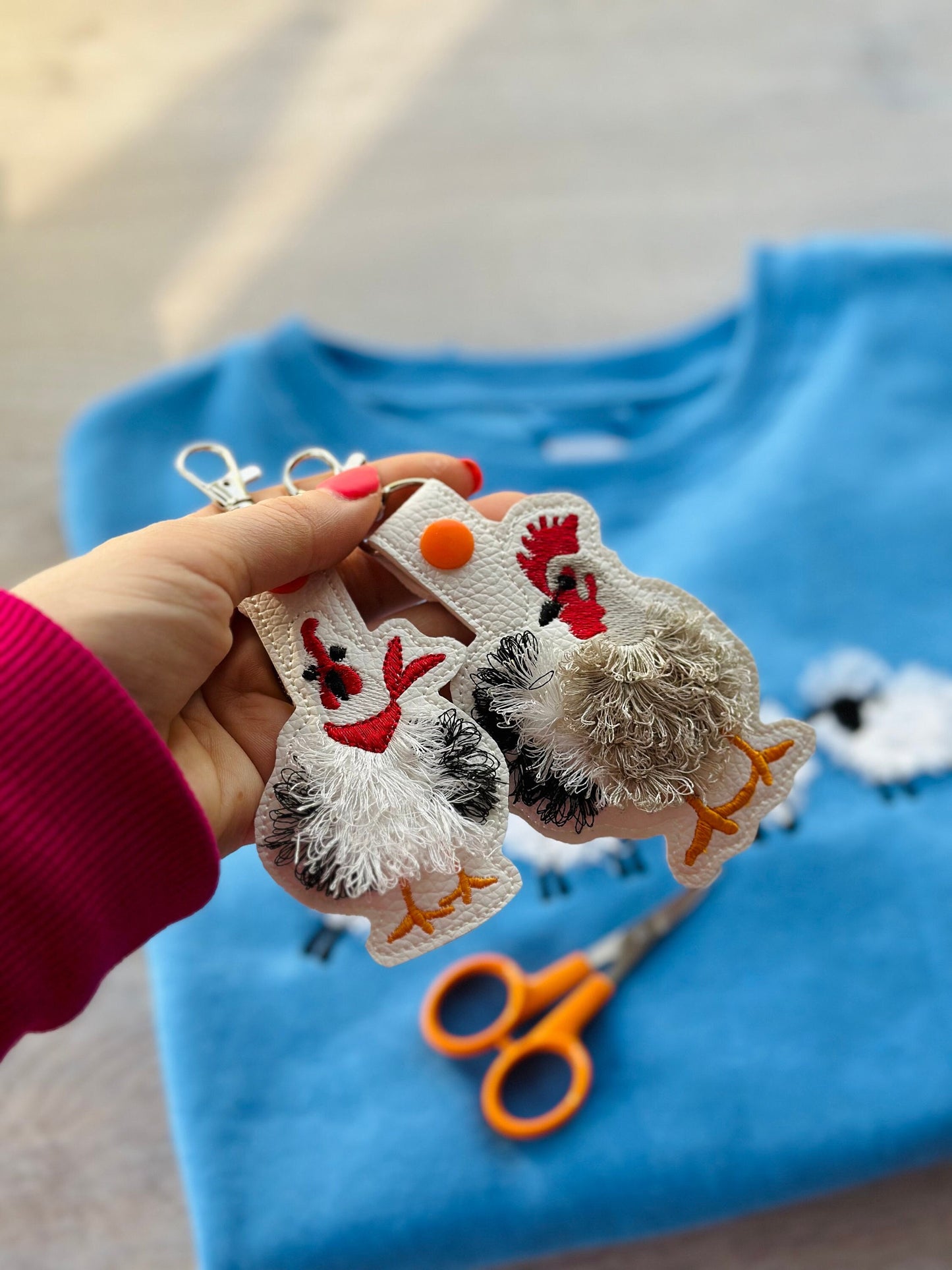 Fringed Chicken key fob snap tab SET of 2 Chicken keychain in the hoop machine embroidery design