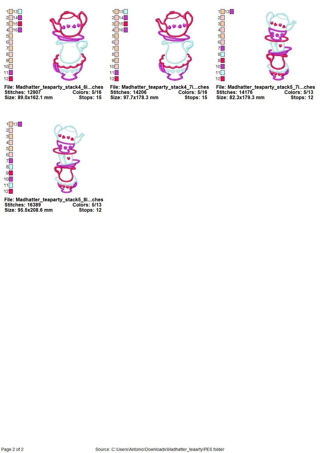 Mad Hatter tea party SET of 5 types teapot and cup stacked cups Applique machine embroidery designs
