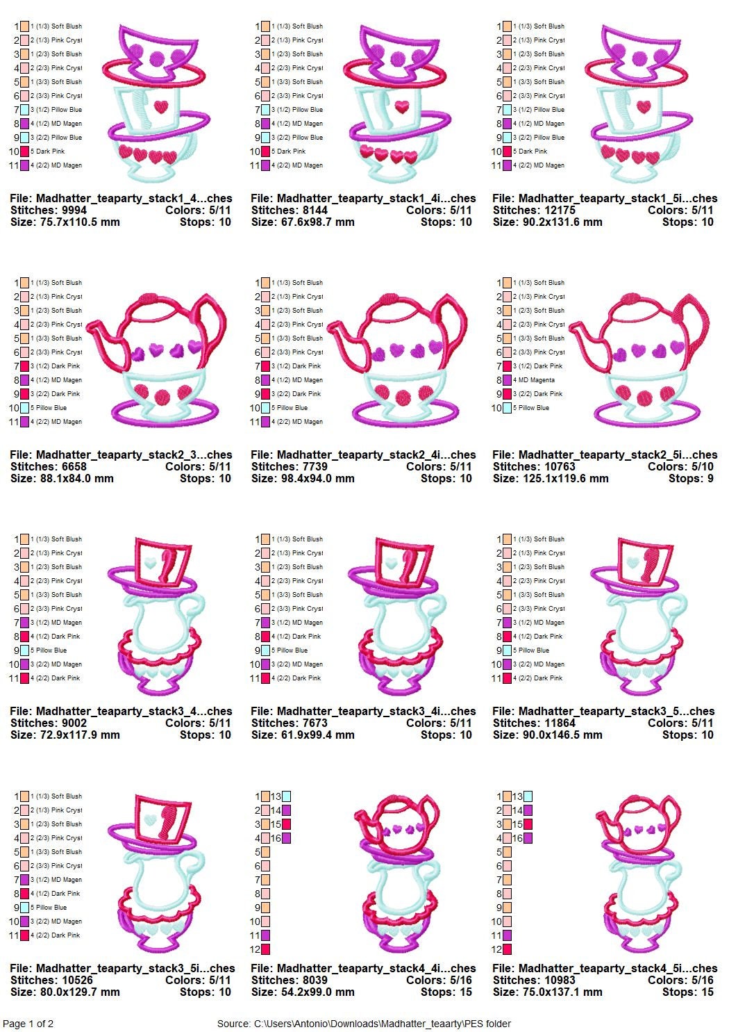 Mad Hatter tea party SET of 5 types teapot and cup stacked cups Applique machine embroidery designs