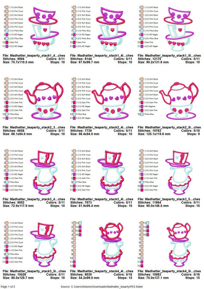 Mad Hatter tea party SET of 5 types teapot and cup stacked cups Applique machine embroidery designs