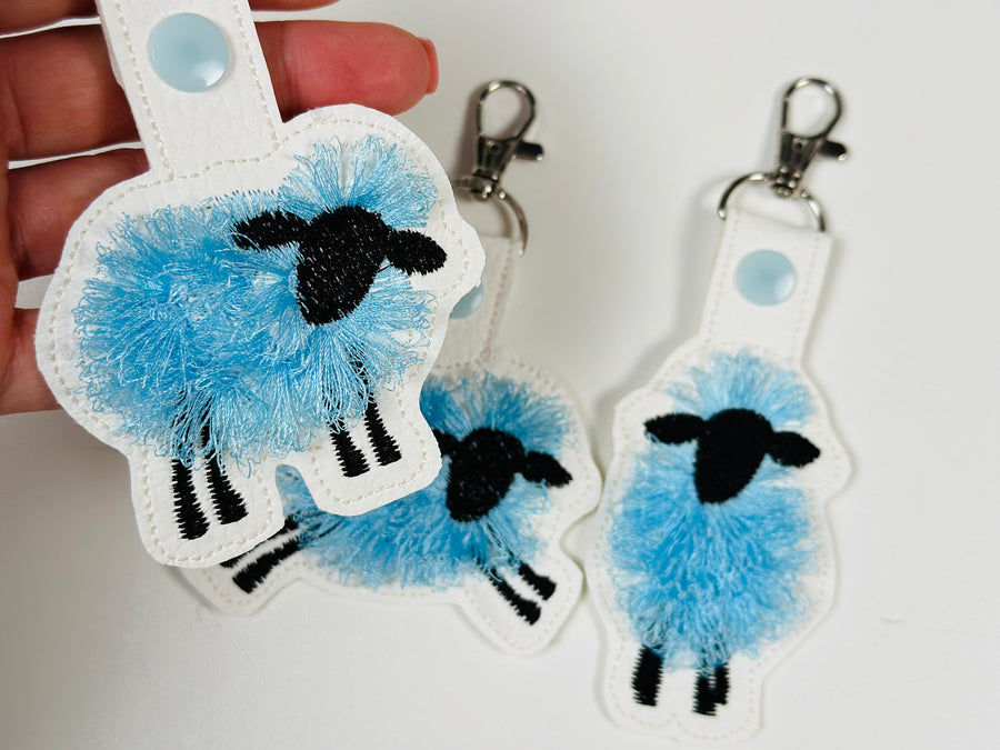 Fringed Sheep key fob snap tab SET of 3 cute Lamb keychain in the hoop machine embroidery design