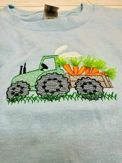 Light Stitch Easter Tractor Boys Design Tractor With Bunny Ears Carrying Carrot Greens Fringe in the Hoop Fringed Machine Embroidery Designs
