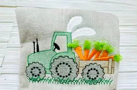 Light Stitch Easter Tractor Boys Design Tractor With Bunny Ears Carrying Carrot Greens Fringe in the Hoop Fringed Machine Embroidery Designs