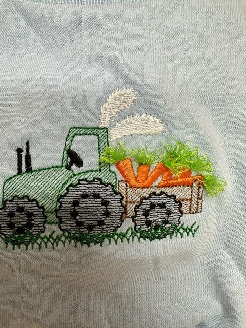 Light Stitch Easter Tractor Boys Design Tractor With Bunny Ears Carrying Carrot Greens Fringe in the Hoop Fringed Machine Embroidery Designs
