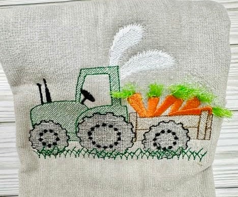Light Stitch Easter Tractor Boys Design Tractor With Bunny Ears Carrying Carrot Greens Fringe in the Hoop Fringed Machine Embroidery Designs