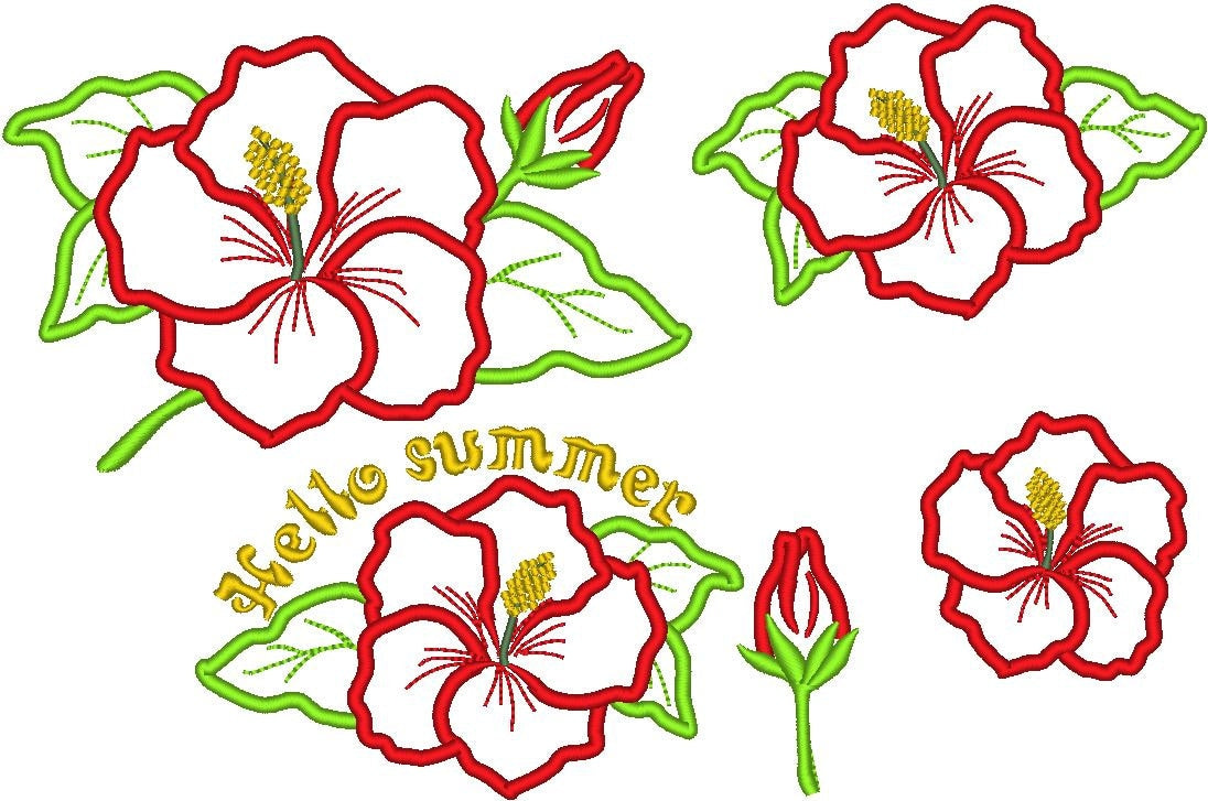 Hibiscus Flower Set of 5 types Applique machine embroidery designs floral blossom