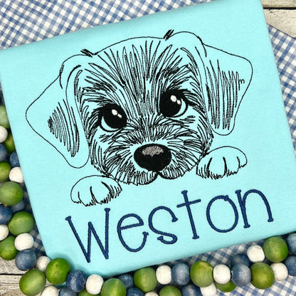 Peeking puppy head silhouette cute dog line art drawing sketch light stitch machine embroidery designs kids sweatshirt design