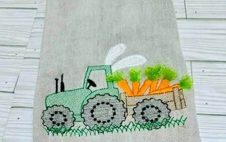 Light Stitch Easter Tractor Boys Design Tractor With Bunny Ears Carrying Carrot Greens Fringe in the Hoop Fringed Machine Embroidery Designs