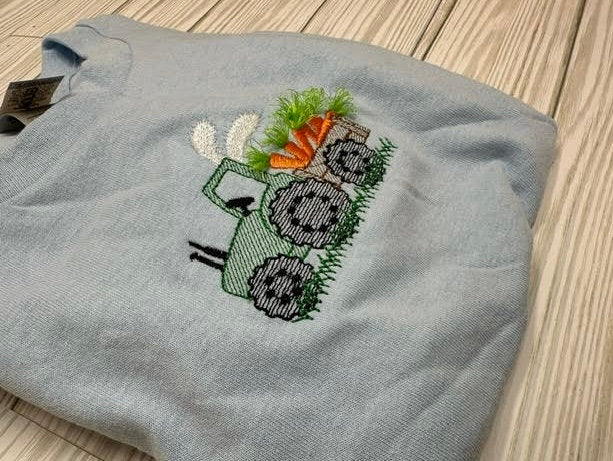 Light Stitch Easter Tractor Boys Design Tractor With Bunny Ears Carrying Carrot Greens Fringe in the Hoop Fringed Machine Embroidery Designs