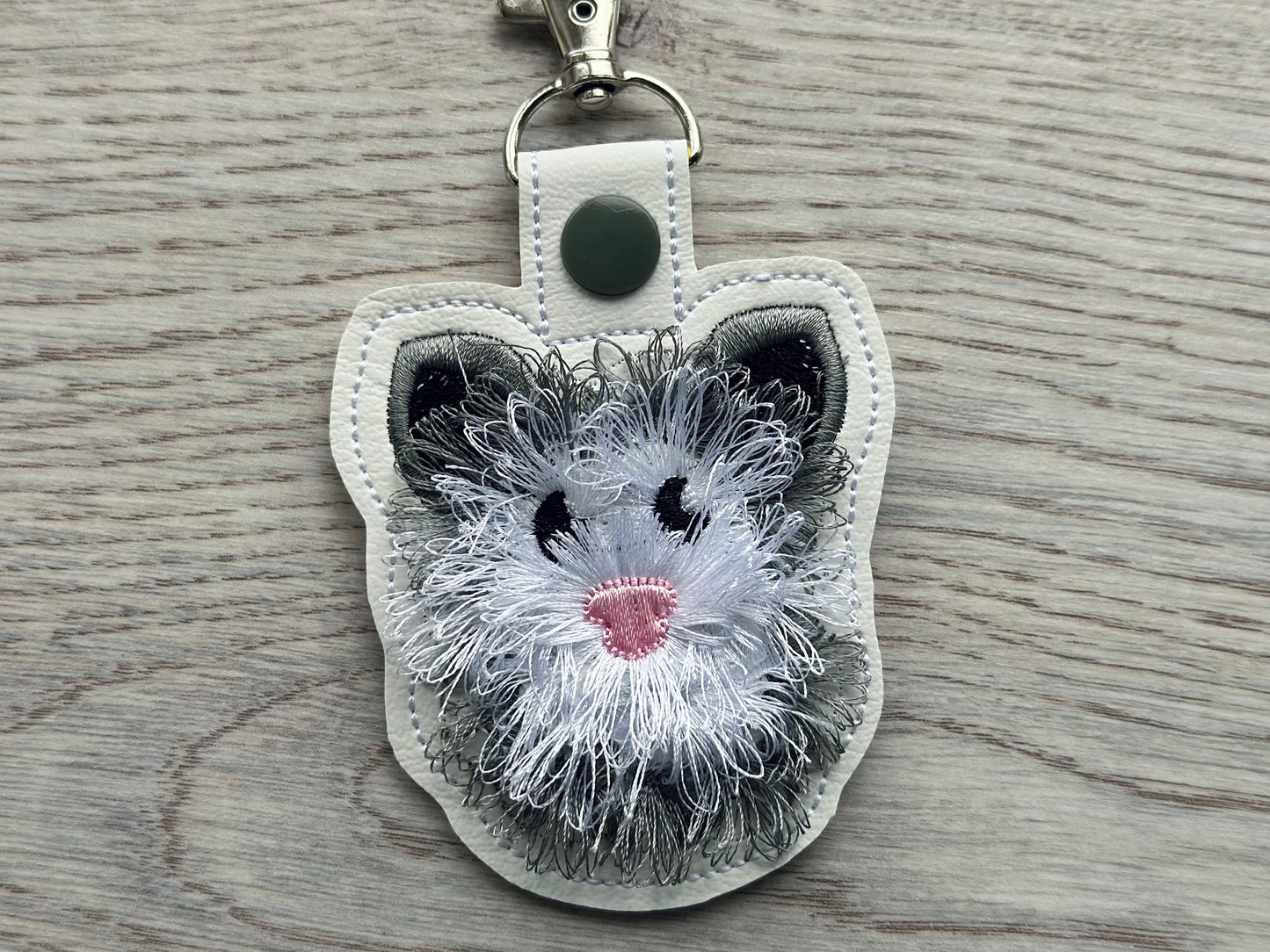 Opossum Snap Tab and Eyelet Fringed Fluffy Opossum key fob fringe in the hoop machine embroidery designs ITH project fluffy fur keychain tag