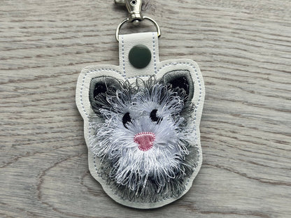 Opossum Snap Tab and Eyelet Fringed Fluffy Opossum key fob fringe in the hoop machine embroidery designs ITH project fluffy fur keychain tag