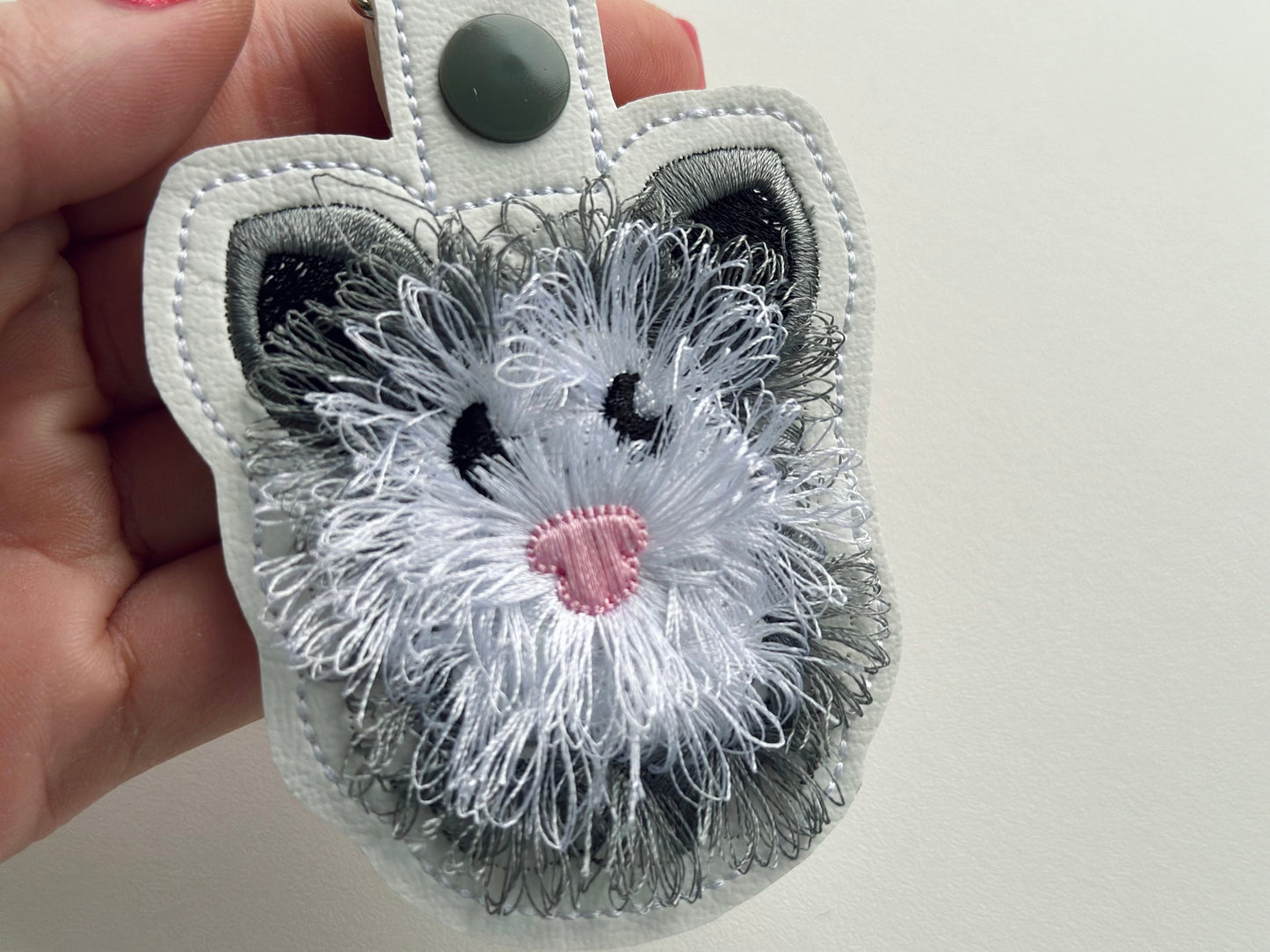 Opossum Snap Tab and Eyelet Fringed Fluffy Opossum key fob fringe in the hoop machine embroidery designs ITH project fluffy fur keychain tag