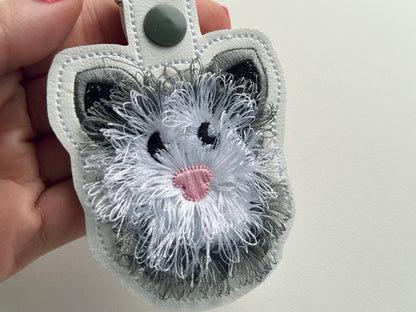 Opossum Snap Tab and Eyelet Fringed Fluffy Opossum key fob fringe in the hoop machine embroidery designs ITH project fluffy fur keychain tag