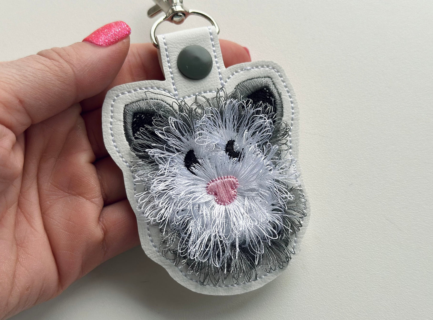 Opossum Snap Tab and Eyelet Fringed Fluffy Opossum key fob fringe in the hoop machine embroidery designs ITH project fluffy fur keychain tag