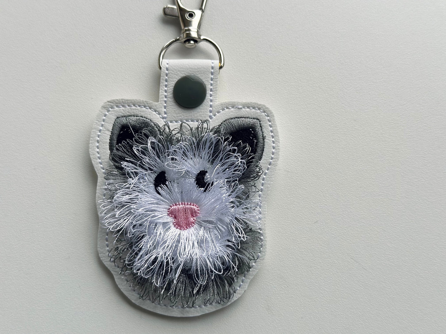 Opossum Snap Tab and Eyelet Fringed Fluffy Opossum key fob fringe in the hoop machine embroidery designs ITH project fluffy fur keychain tag