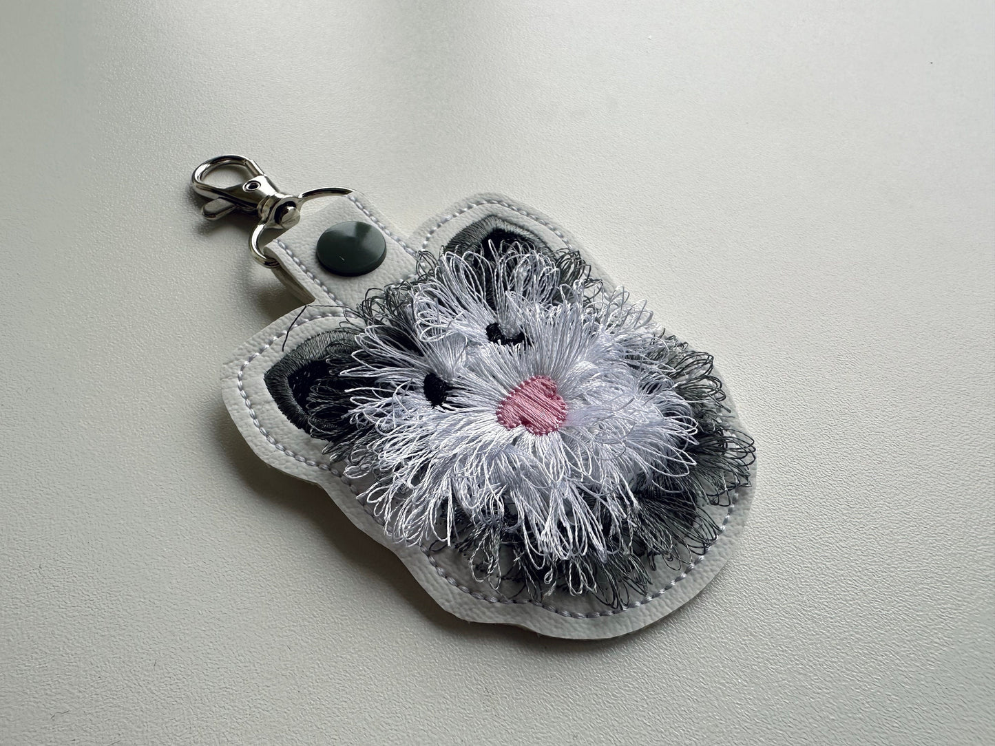 Opossum Snap Tab and Eyelet Fringed Fluffy Opossum key fob fringe in the hoop machine embroidery designs ITH project fluffy fur keychain tag