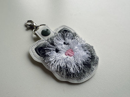 Opossum Snap Tab and Eyelet Fringed Fluffy Opossum key fob fringe in the hoop machine embroidery designs ITH project fluffy fur keychain tag