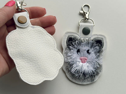 Opossum Snap Tab and Eyelet Fringed Fluffy Opossum key fob fringe in the hoop machine embroidery designs ITH project fluffy fur keychain tag