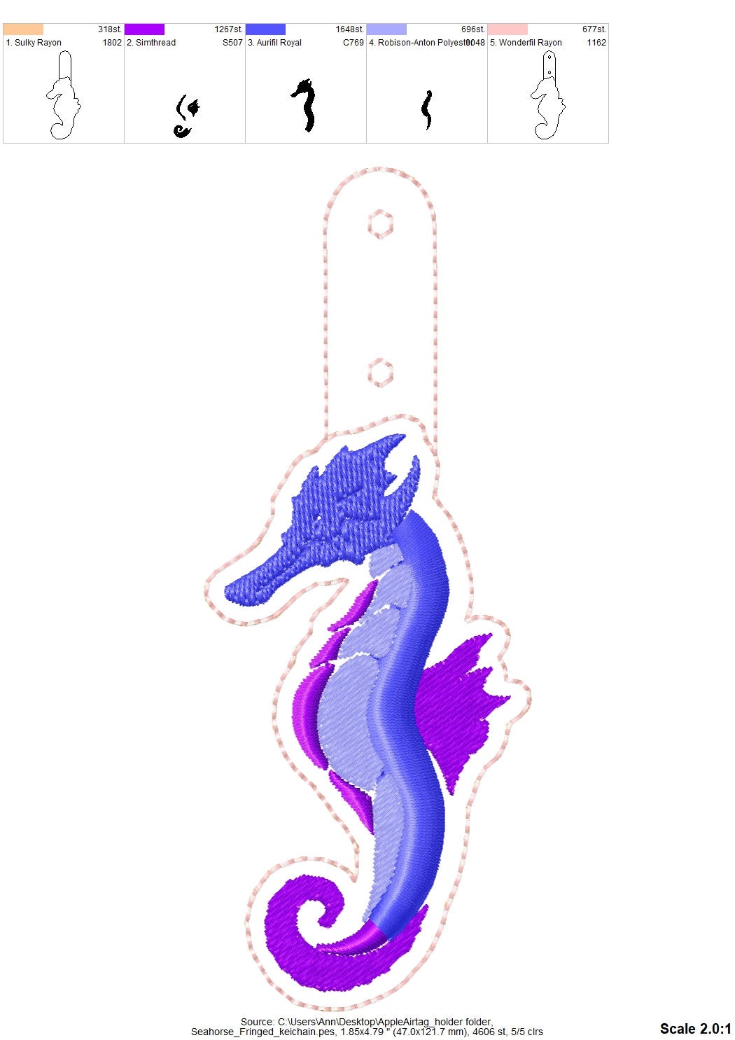 Fringed Seahorse Eyelet and Key fob Snap Tab keychain ITH machine embroidery designs fringe in the hoop summer backpack tag