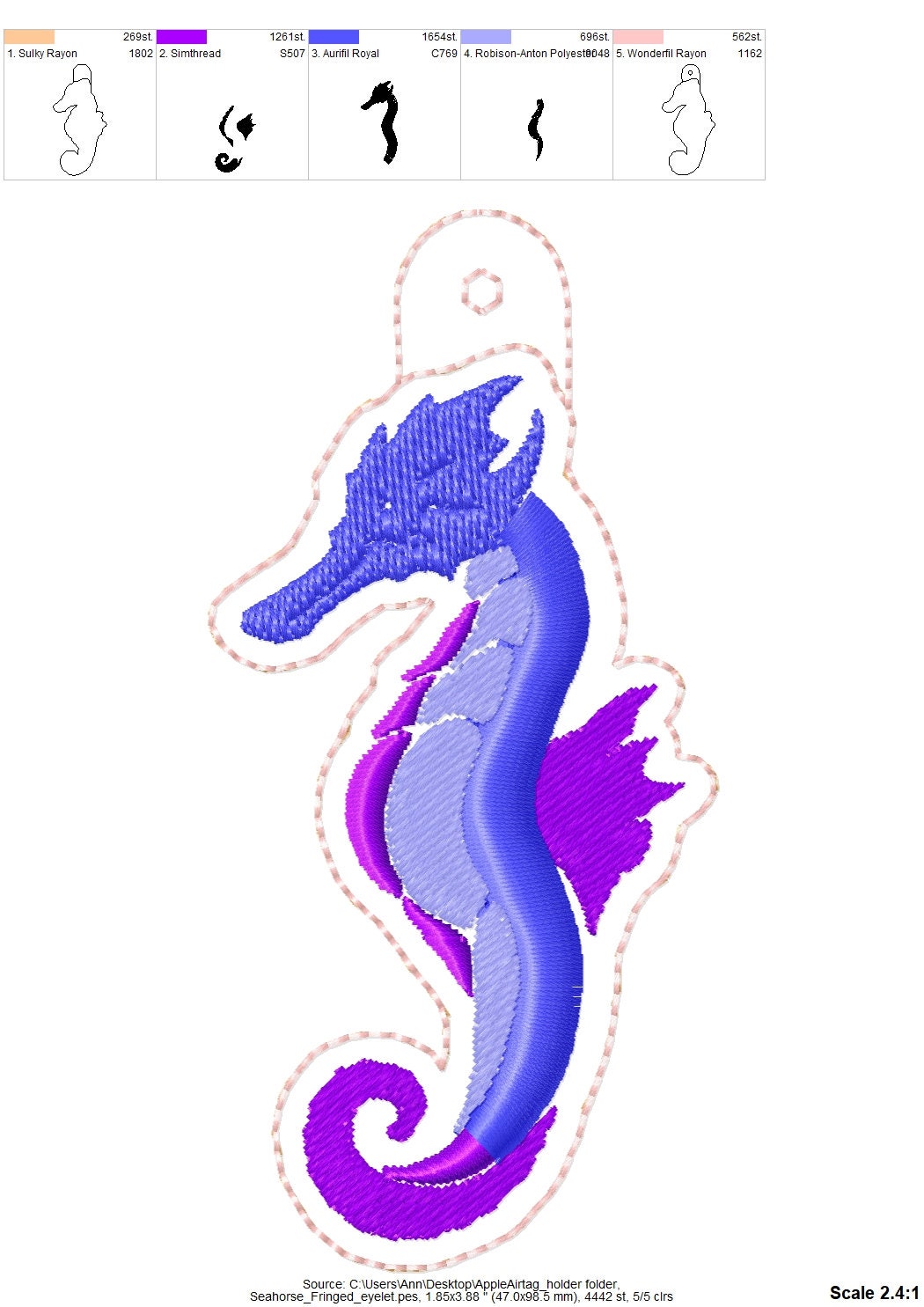 Fringed Seahorse Eyelet and Key fob Snap Tab keychain ITH machine embroidery designs fringe in the hoop summer backpack tag