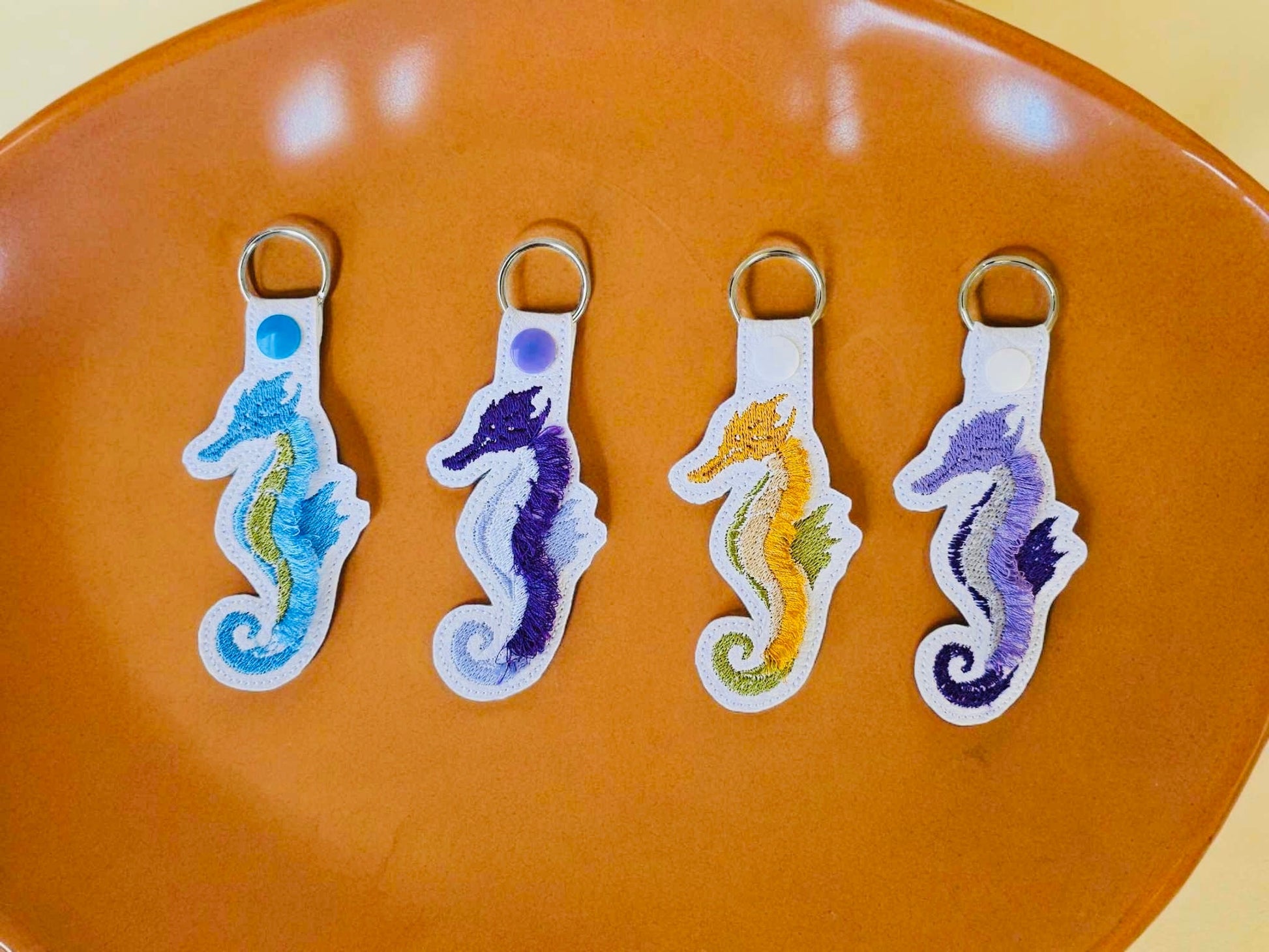 Fringed Seahorse Eyelet and Key fob Snap Tab keychain ITH machine embroidery designs fringe in the hoop summer backpack tag