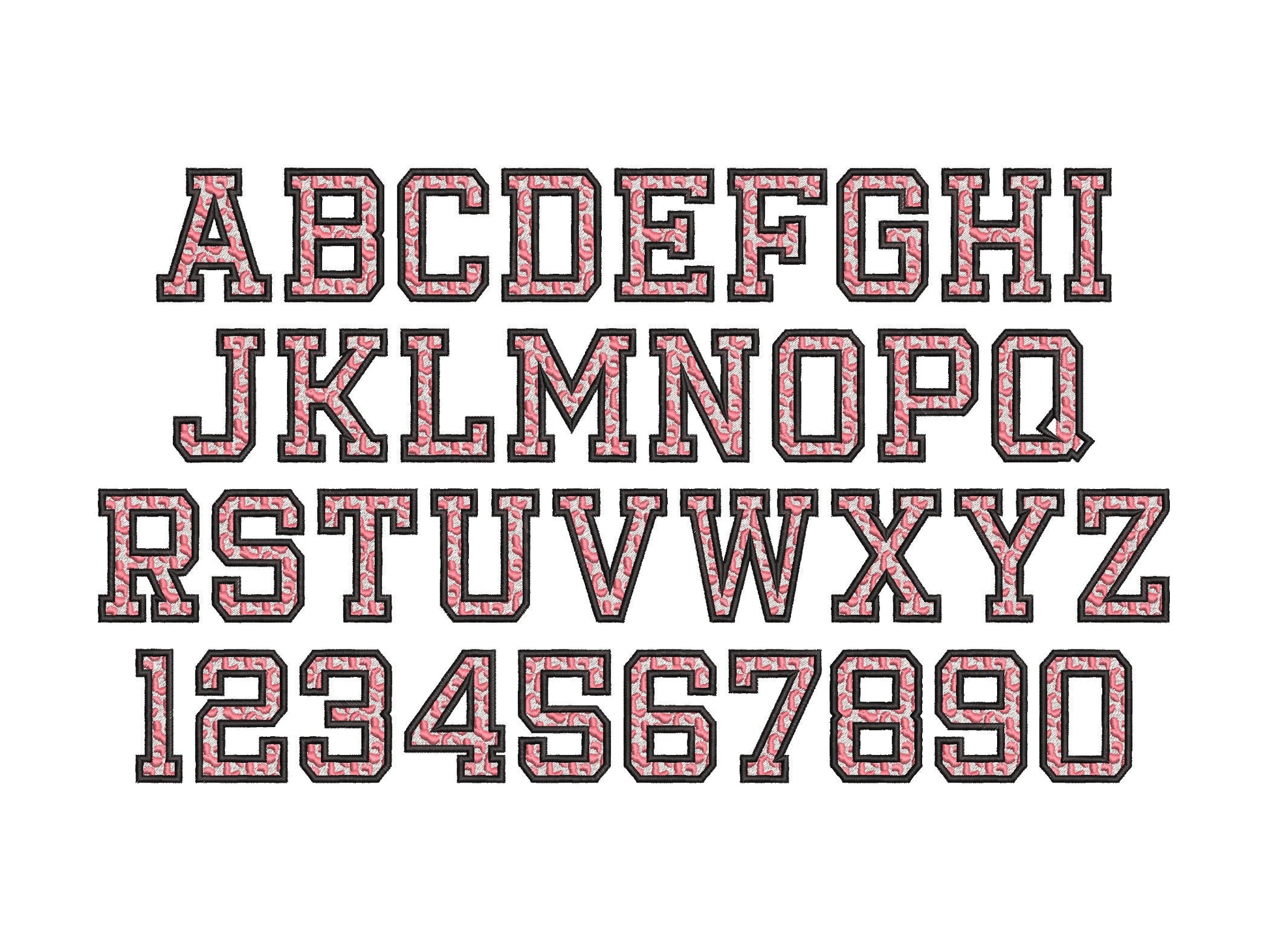 Leopard Spots fill stitch and outline Varsity block FONT wild cat cheetah print pattern monogram machine embroidery designs alphabet BX