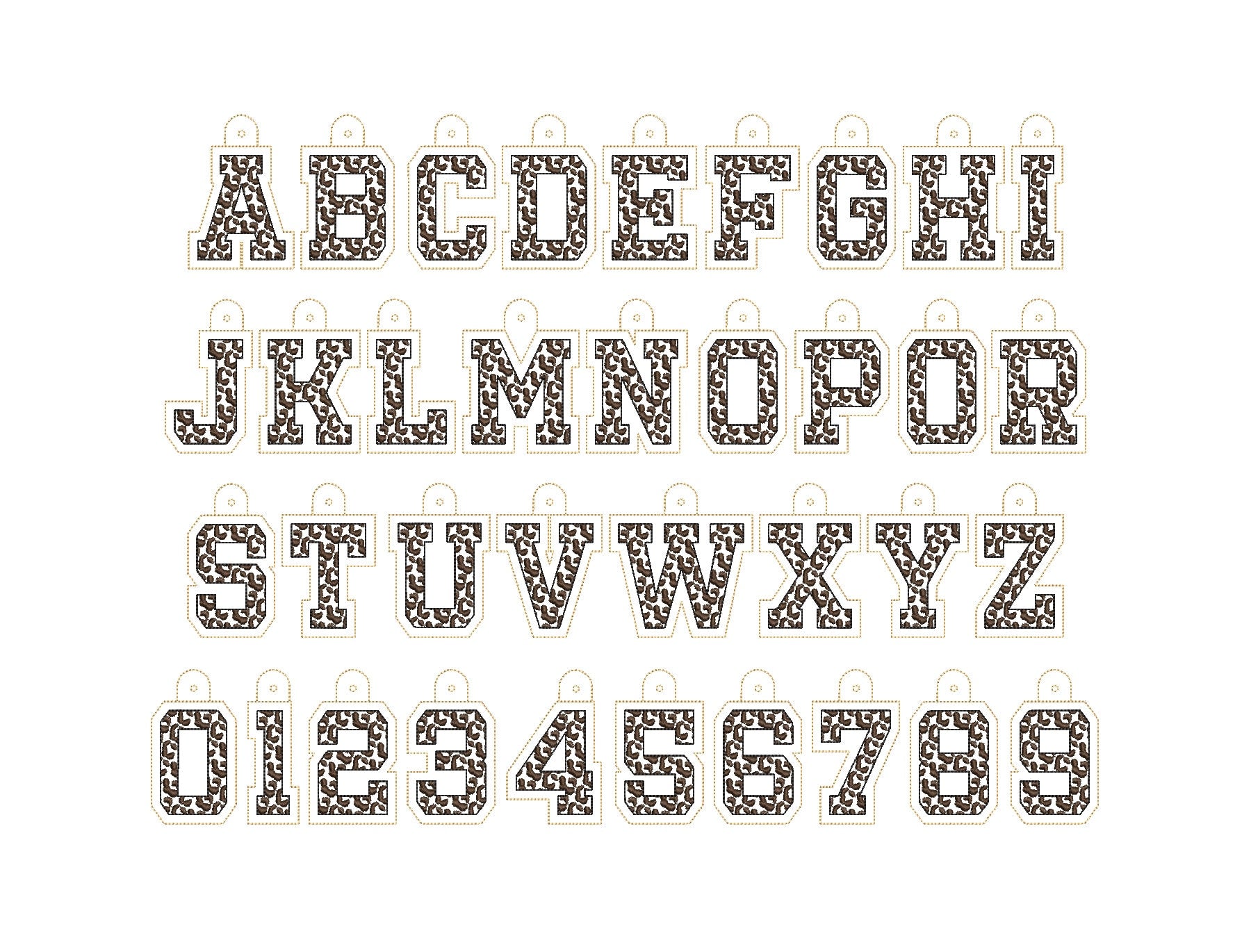 Leopard print Monogram Eyelet and Key Fob Snap Tab Block Font alphabet in the hoop ITH machine embroidery designs keychain bag tag gift idea