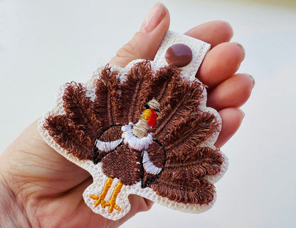 Fringed Turkey eyelet and key fob snap tab in the hoop machine embroidery designs ITH keychain Awesome fluffy fur Thanksgiving backpack tag