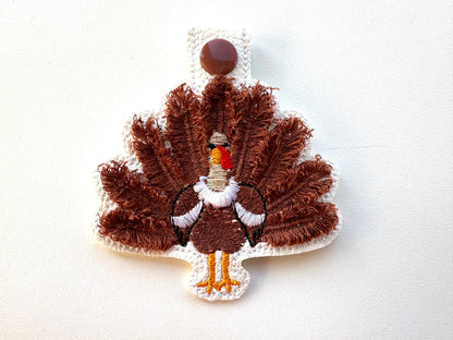Fringed Turkey eyelet and key fob snap tab in the hoop machine embroidery designs ITH keychain Awesome fluffy fur Thanksgiving backpack tag
