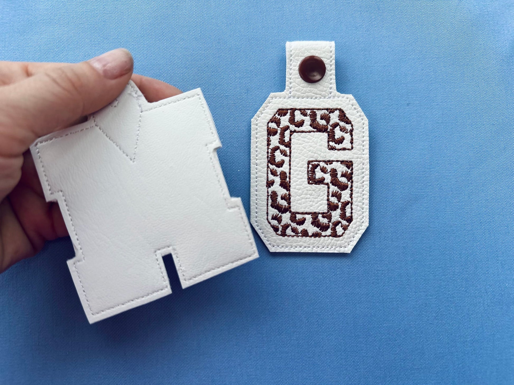 Leopard print Monogram Eyelet and Key Fob Snap Tab Block Font alphabet in the hoop ITH machine embroidery designs keychain bag tag gift idea