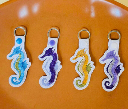 Fringed Seahorse Eyelet and Key fob Snap Tab keychain ITH machine embroidery designs fringe in the hoop summer backpack tag