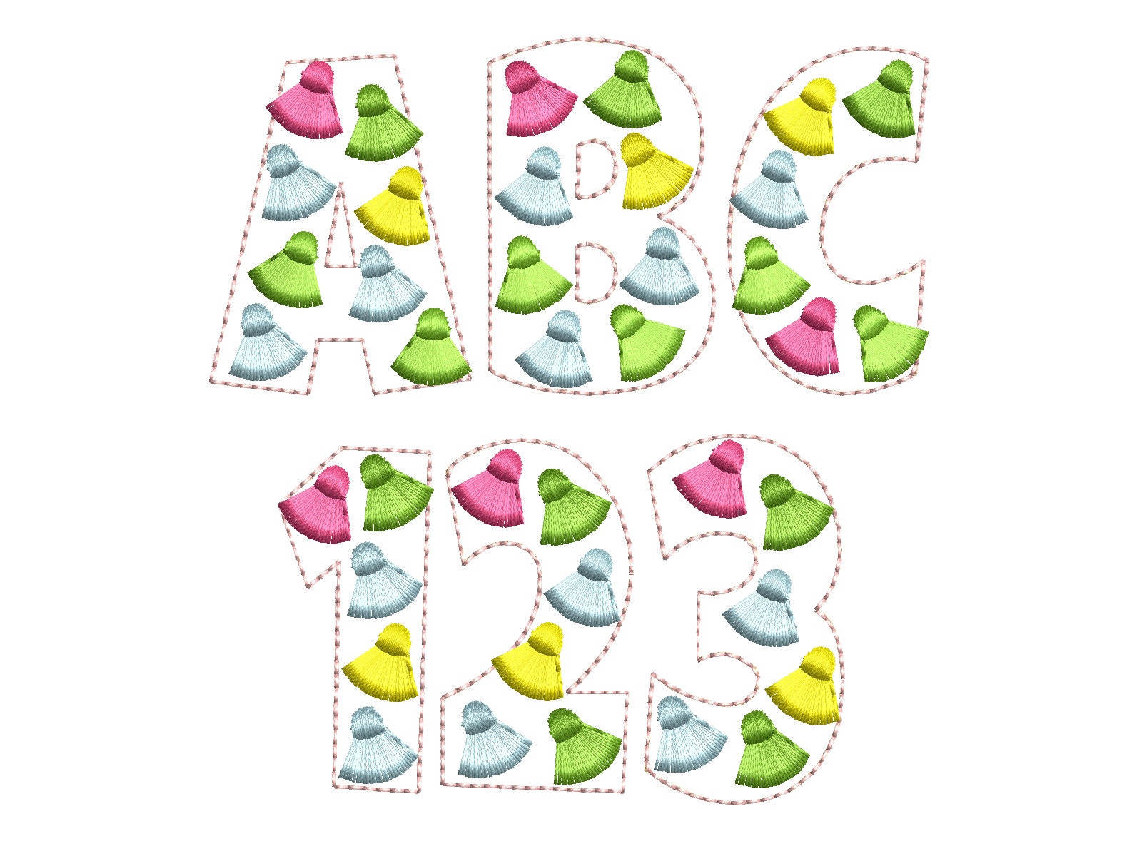 Fringed Tassel Festive Summer Fluffy FONT Machine Embroidery Designs Assorted Sizes Pretty Tassels Letters Monogram Fringe