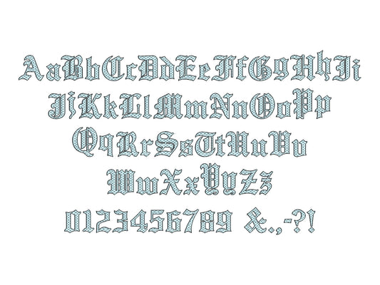 Waffle stitch Old English type Font 2 colors alphabet waffle fill and outline machine embroidery designs letters and numbers sizes 1 to 3in